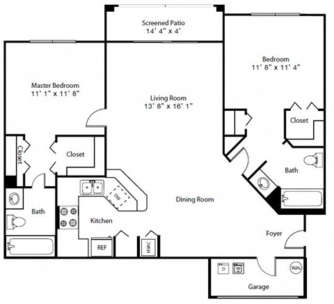 Floor plan for 2 beds, 2 baths, 1141 sqft